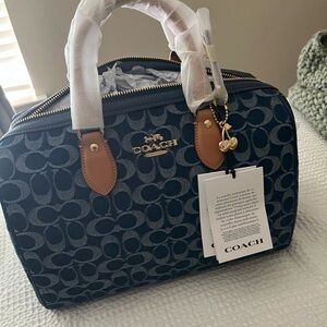 Coach Signature Dome Satchel in Navy with Tan Trim - Large Rowan